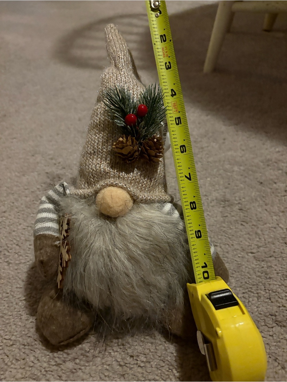 Hobby Lobby Beige Knit Gnome with Faux Fur Beard and Festive Sprig